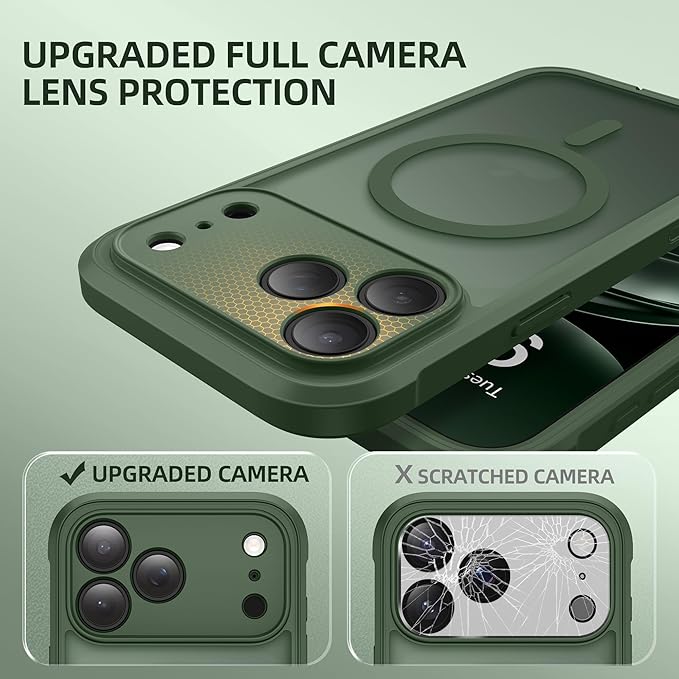 BERFY for iPhone 17 Pro Case, Compatible with MagSafe, Built-in Glass Screen Protector, Camera Protection, Shockproof Full Body Phone case 6.3", Translucent Deep Green