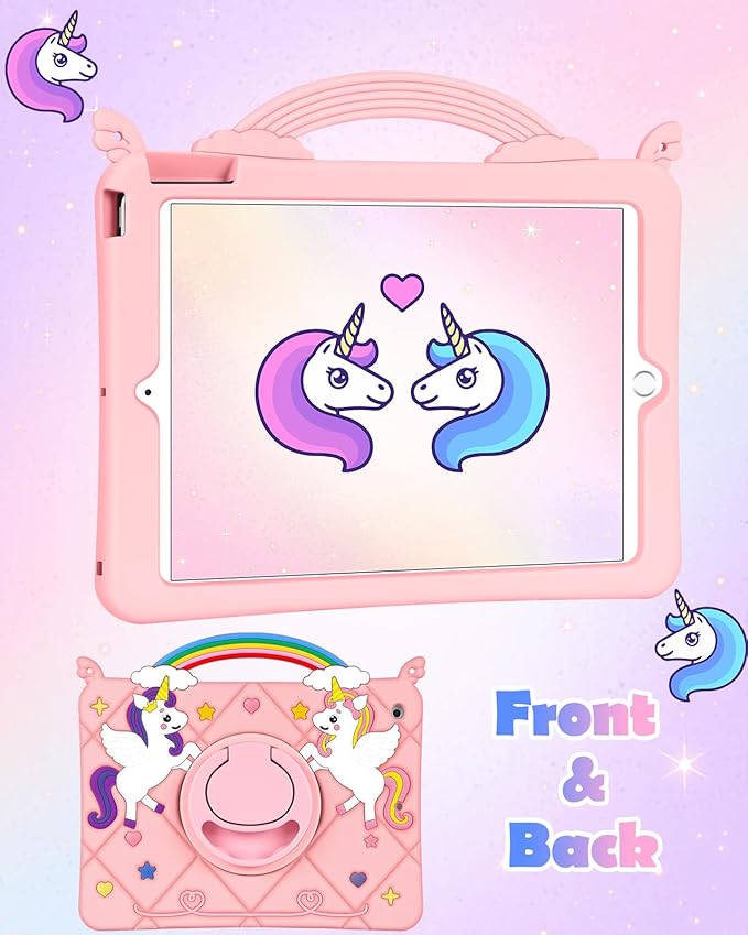 Uppuppy for iPad 9th/8th/7th Generation Case 10.2 Inch - Cute Girls Kawaii Girly 3D Cartoon Teen Case with Rotating Stand & Strap Soft Silicone PK Unicorn Cover for iPad 7/8/9 Gen 2021 2020 2019 Funda