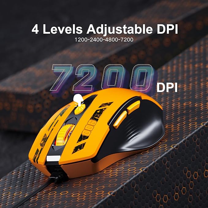 Uineer Wired Mouse, USB Mouse Wired with 6 Buttons Ergonomic Design,1.5M USB Cable Computer Mice 7200DPI Mice for PC Laptop, Yellow