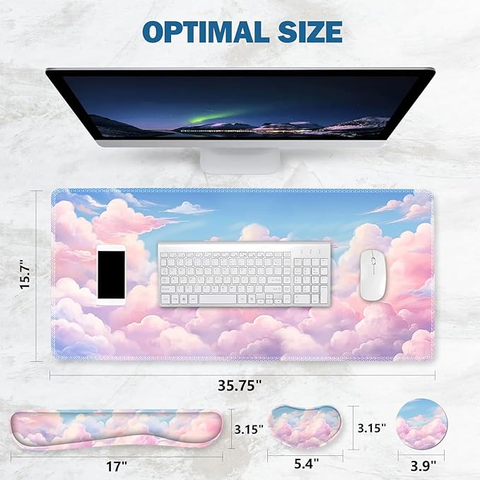 ToLuLu Large Mouse Pad Desk Pad Set, Wrist Rest Support Desk Mat for Keyboard and Mouse, 4PCS 35.4”x15.7 XXL Giant Mouse Pad, Non-Slip Base Stitched Edges Mousepad for Home Office, Dreamy Clouds