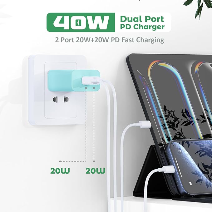 USB C Charger Block, 40W Dual Port Fast Charger 20W Type C Charging Block 3.1A USB Wall Charger Dual Port PD+QC Charging Cube for iPhone 15 16 14 13 12 11 Pro Max XS, iPad, Samsung Phone-Green