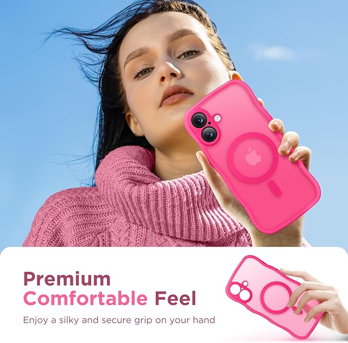 CAPRARO for iPhone 16 Plus Case for Women Girls, Upgraded [Full Camera Protection] [Compatible with MagSafe] Cute Wave Translucent Matte Phone Case for iPhone 16 Plus, Hot Pink