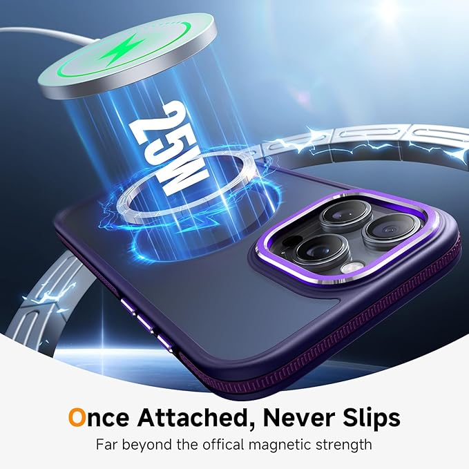 Magnetic 3 in 1 for iPhone 16 Pro Case, [Omni-Directional Protection] with 1x Screen Protector + 1x Camera Cover, [Seamless Work with Magsafe] Shockproof Slim Thin Matte Case for iPhone 16 Pro Purple