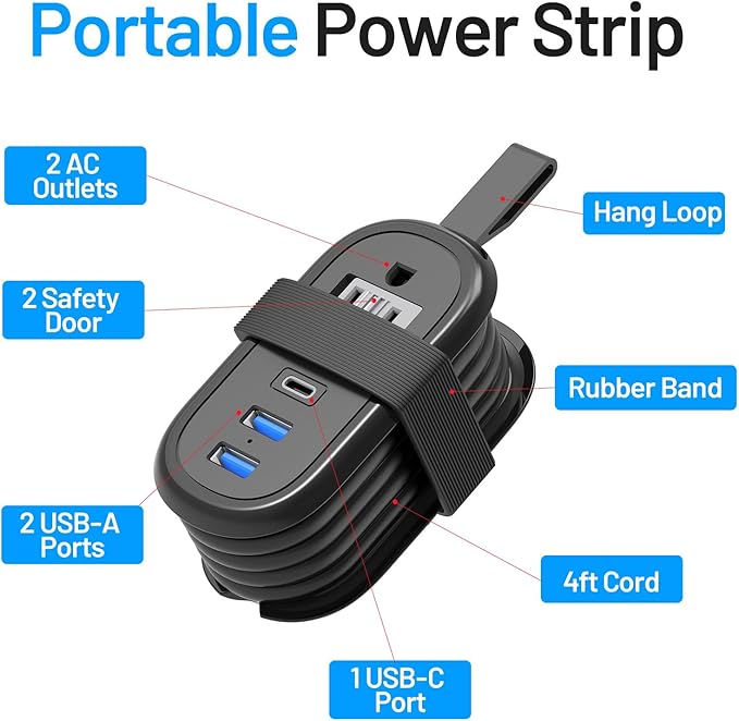 BEVA Travel Power Strip with USB Ports, 4FT Travel Flat Plug Extension Cord, Fast Charge PD 20W 2 Outlets 3 USB Ports, Non Surge Protector for Cruise Ship Travel Essentials(PD20W Charge Black)
