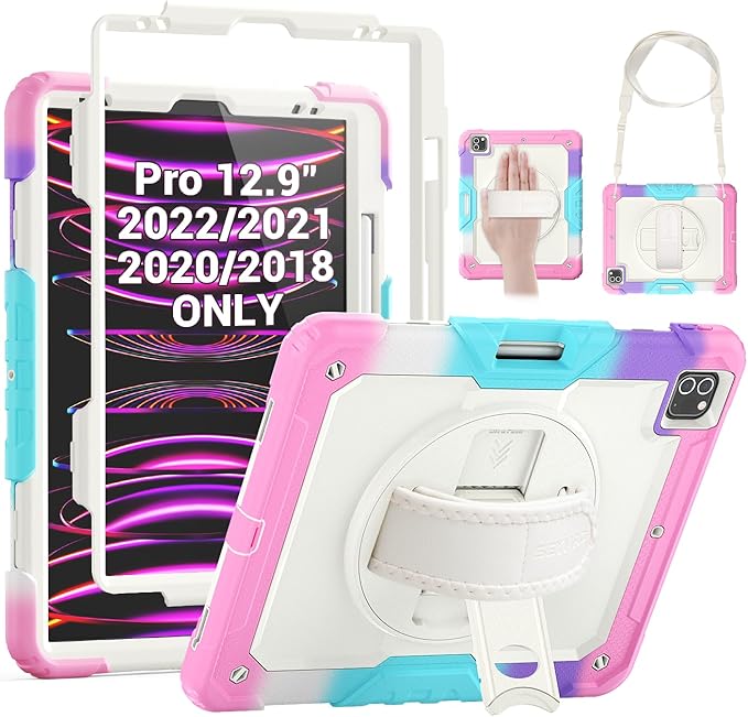 SEYMAC Case for iPad Pro 12.9 2022/2021/ 2020/2018, Heavy Duty Protection Shockproof Case with Screen Protector, 360° Rotating Stand/Handle/Shoulder Strap, Supports Pencil 2 Charging, Colorful Pink