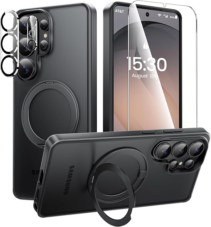 360°Ring Stand for Samsung Galaxy S26 Ultra Case with 1X Screen Protector +1X Camera Cover,Fit for MagSafe, Translucent Matte Cover & Scratch-Resistant Back Cover for Galaxy S26 Ultra 6.9", Black