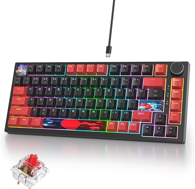 75% Mechanical Gaming Keyboard with Hot Swappable RGB Backlit Custom Knob, Gasket Mount USB Wired Keyboard, 82 Red Black Linear Red Switch Keys