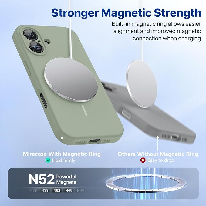 Miracase Magnetic for iPhone 16 Plus Case, [Soft Anti-Scratch Microfiber Lining], Magnetic for MagSafe, Liquid Silicone Shockproof Drop Protection Phone Case for 16 Plus,Patina Green