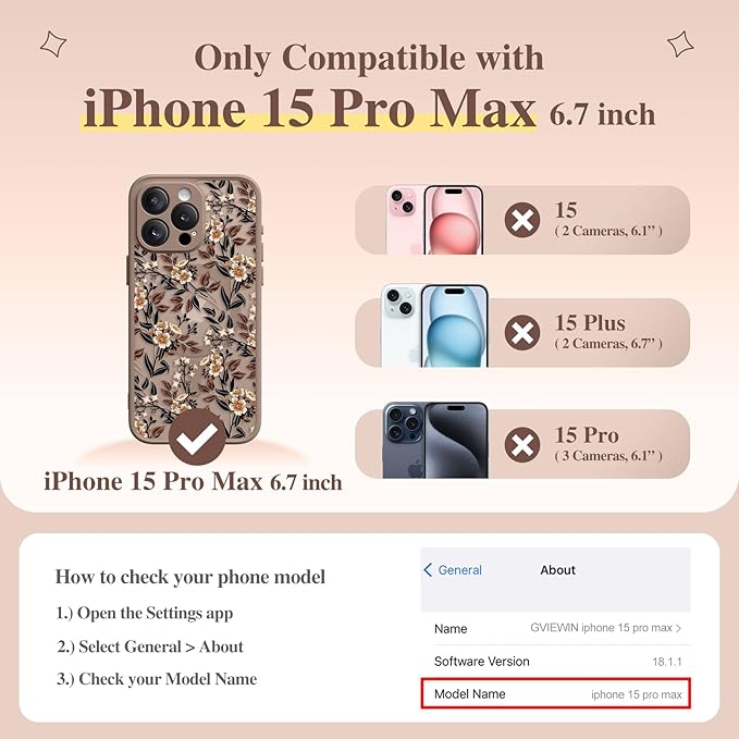 GVIEWIN for iPhone 15 Pro Max Case Compatible with MagSafe, [Military Grade Protection] [Screen Protector] Full Camera Protection Floral Translucent Women Magnetic Phone Case, Bunchflower/Brown