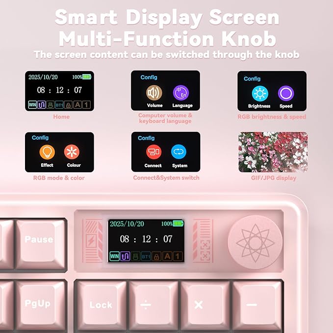LINGBAO K108 Pro Wireless Mechanical Keyboard with Screen & Knob, Full Size Creamy Keyboard with Number Pad, 10000mAh Battery, PBT Keycaps, RGB Backlit, Hot-swappable Pink Gaming Keyboard for PC/Mac