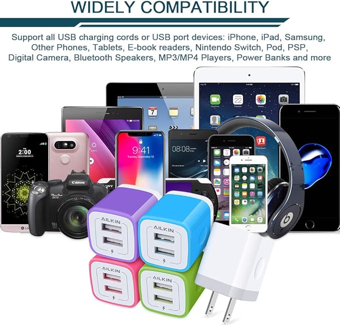 5Pack USB Wall Charger, Charger Adapter, AILKIN 2.1Amp Dual Port Quick Charge Plug Cube for iPhone 17/Air/16e/16/15/14/13/12/SE/11 Pro Max, Samsung Galaxy, Moto, Kindle Fire Charging Box Block