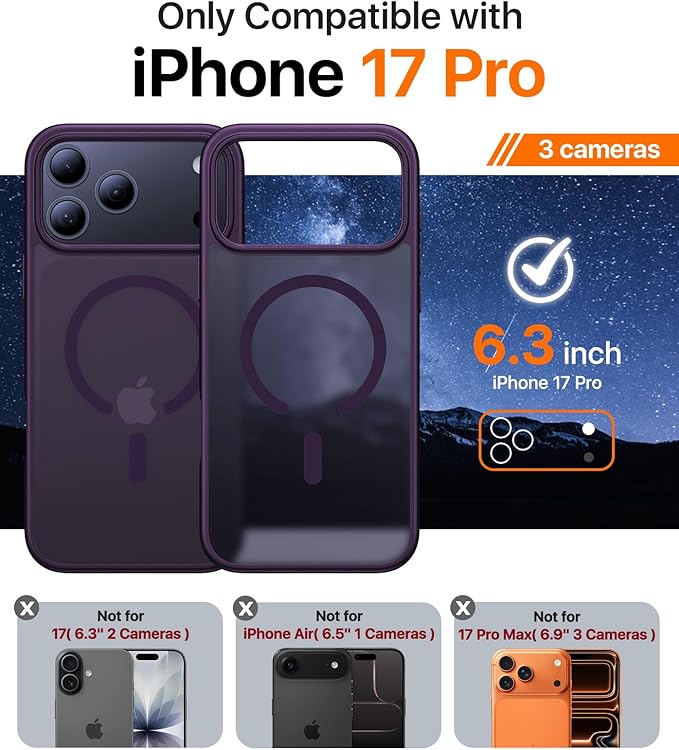 Magnetic for iPhone 17 Pro Case,[Anti-Slip][Compatible with MagSafe][Military Grade Drop Protection] Shockproof Protective Translucent Matte Phone Case for iPhone 17 Pro Case,Deep Purple