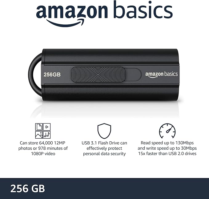 Amazon Basics 256 GB Ultra Fast USB 3.1 Flash Drive, High Capacity External Storage for Photos Videos, Retractable Design, 130MB/s Transfer Speed, Black