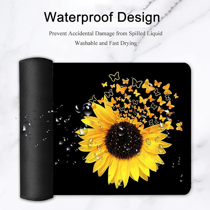 Large Gaming Mouse Pad, Extended Waterproof Desk Pad Protector (31.5" x 11.8") Ergonomics Memory Foam Mouse Wrist Rest Support, for Home Office Laptop, Sunflowers and Butterflies Black Mouse Mat