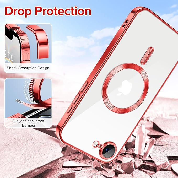 Hython Magnetic Clear for iPhone 16e Case with Camera Lens Protector [Compatible with MagSafe] Luxury Plating Edge Slim Soft TPU Cover Protective Phone Case for iPhone 16e 6.1", Red