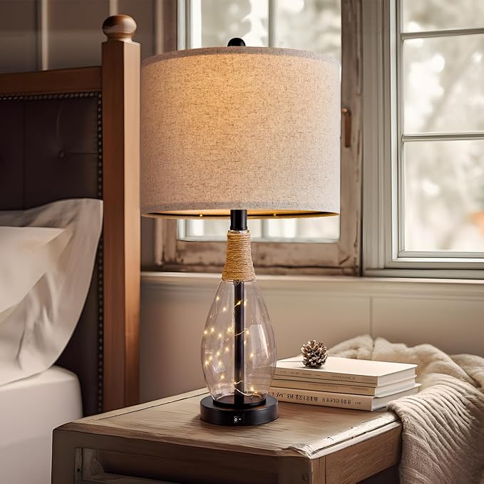 OYEARS Bedside Table Lamp with USB, 23‘’ Black Modern Nightstand Lamps for Bedroom, Retro Rattan Table Lamps for Night Stands, Living Room, Farmhouse Table Lamp with Glass Nightlight Lamps