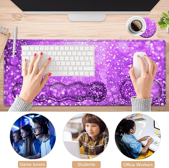 Large Gaming Mouse Pad (31.5x11.8 in), Rubber Base XXL Mousepad with Stitched Edges, Ergonomic Keyboard Wrist Rest, Extended Mouse Mat Desk Pad for Work, Game, Office, Purple Mousepad