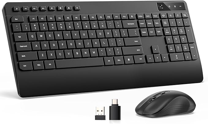 Quiet Wireless Keyboard and Mouse Combo – 3-Level DPI Silent Mouse, Full-Size Ergonomic Wrist Rest, 2.4GHz Plug-and-Play, Multimedia Hotkeys for Windows Computer/Laptop, Black
