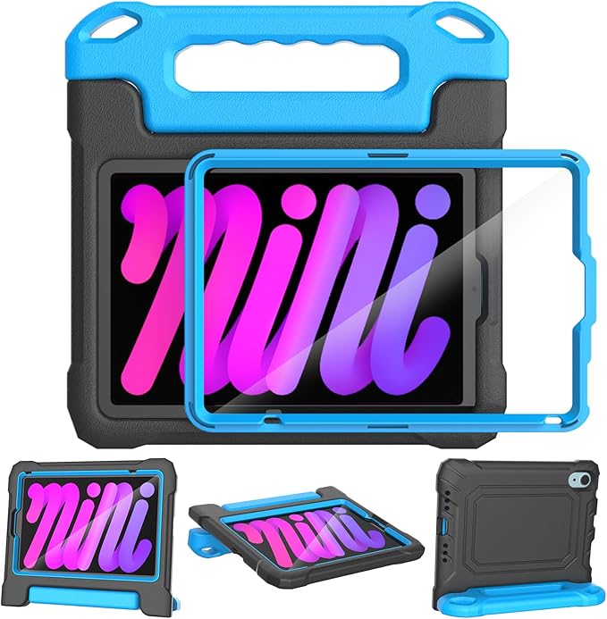 YIHE Kids Case for 8.3 inch iPad mini 7 (A17 Pro) 2024 & iPad mini 6 (A15) 2021, Shockproof Cases for iPad mini 7th/6th Generation with Built-in Screen Protector & Handle Stand, Black&Blue