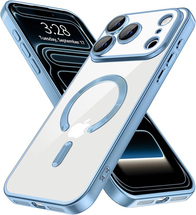 Hython Magnetic Clear for iPhone 17 Pro Case with Camera Lens Protector [Compatible with MagSafe] Luxury Plating Edge Slim Soft TPU Cover Protective Phone Case for iPhone 17 Pro, Matte Light Blue