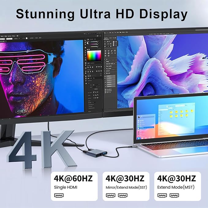 USB C to Dual HDMI Adapter, 4K@60Hz HDMI Splitter for Dual Monitors with USB 3.0, 100W PD Charging, HDMI Splitter Extended Display for for MacBook Air/Pro, Dell XPS, HP, Surface, Chromebook