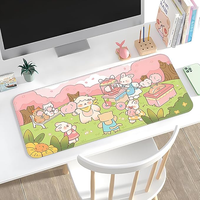 PERFECTSIGHT Cotton Candy Desk Mat Kawaii Kitty Bunny Large Mouse Pad XXL Desk Pad Gaming Mousepad Extended Keyboard Mat 31.5 x 15.7 in Laptop Computer Keyboard Pad Mouse Mat for Office Desk Decor