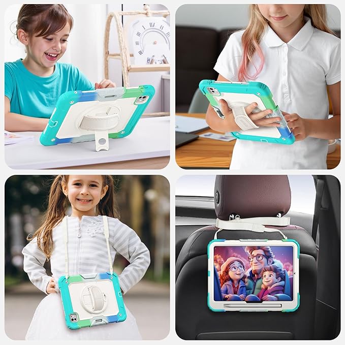 SEYMAC for iPad Pro 11 Inch Case M5 2025 / M4 2024, Heavy Duty Shockproof Protective Case with Screen Protector, 360° Rotating Stand, Hand/Shoulder Strap and Pen Holder, Colorful Blue