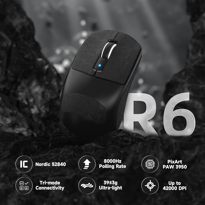 ATTACK SHARK R6 39g Superlight Wireless Gaming Mouse,PixArt PAW3950MAX 42000 DPI,MCU Nodic 52840 Computer Mouse,8K Polling Rate Web Driver,BT/2.4Ghz/Wired Tri-Mode Mice with Coiled Cable-Black&Tape