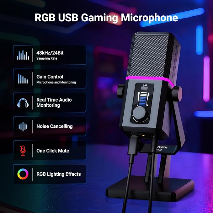 NEEWER UM02 RGB USB Microphone for Gaming Streaming Podcast, Cardioid Condenser Noise Cancellation Desk Mic for Headphone Monitoring Compatible with iPhone iPad Mac PC Android PS5/PS4 Pro/PS4