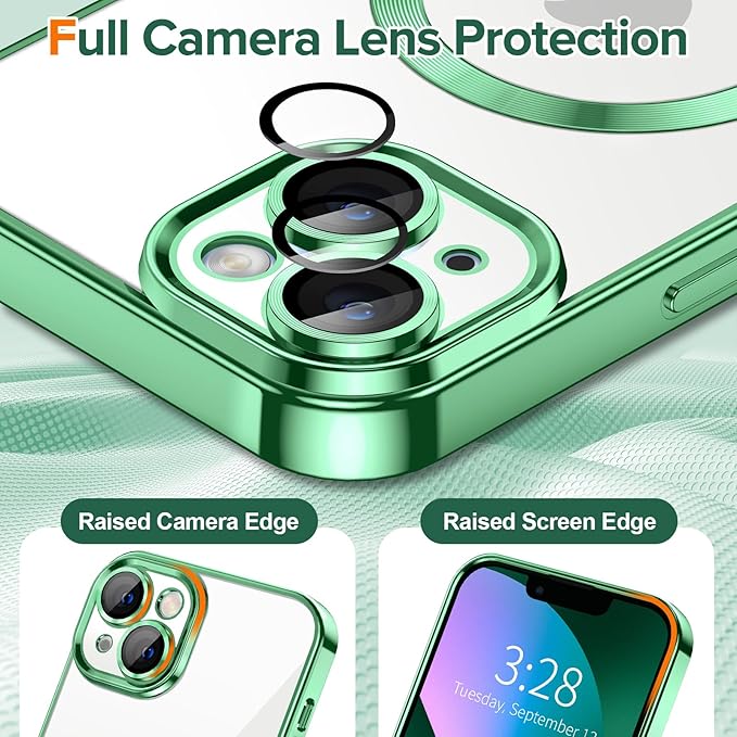 Hython Magnetic Clear for iPhone 13 Case with Camera Lens Protector [Compatible with MagSafe] Luxury Plating Edge Slim Soft TPU Cover Protective Phone Case for iPhone 13 6.1", Light Green