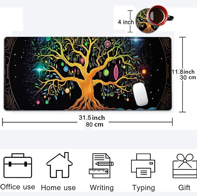 Large Mouse Pad, 31.5 x 11.8in Extended Gaming Mouse Pad with Stitched Edges, XXL Mousepad Protector Non Slip Rubber Base for Office and Home Writing Mat, Colorful Tree of Life Pattern Black Desk Mat