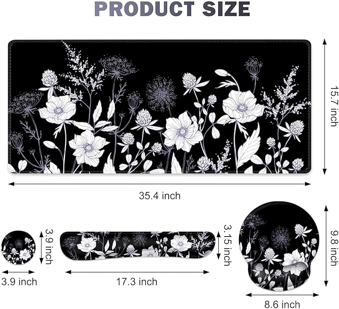 Gaming Mouse Pad, Large Desk Mat, Cute Desk Pad Protector, 4in1 XXL Mousepad + Keyboard Wrist Rest+Mouse Wrist Rest+Coaster Set with Ergonomic Desk Pad for Home Office PC Computer, Black White Flowers
