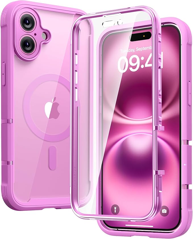 Diaclara Magnetic Designed for iPhone 16 Plus Case,[Full Camera Protection] 360 Clear Bumper Compatible with MagSafe Built-in Screen Protector for 16 Plus case,Magnetic Rose Purple