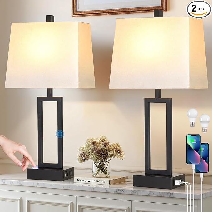 Touch Control Table Lamps with 2 USB Charging Ports & AC Outlets, 23" Tall Modern Nightstand Bedside Lamp for Bedroom, 3-Way Dimmable Metal Table Lamp with Fabric White Shade for Living Room End Table