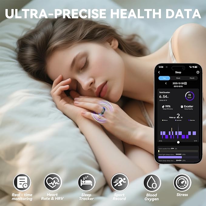 Smart Ring for Women Men,Fitness Ring with 24/7 Activity Tracking,Stress,Sleep Monitoring,No APP Subscription Fees,Compatible with iOS & Android, HarmonyOS Black, 11#