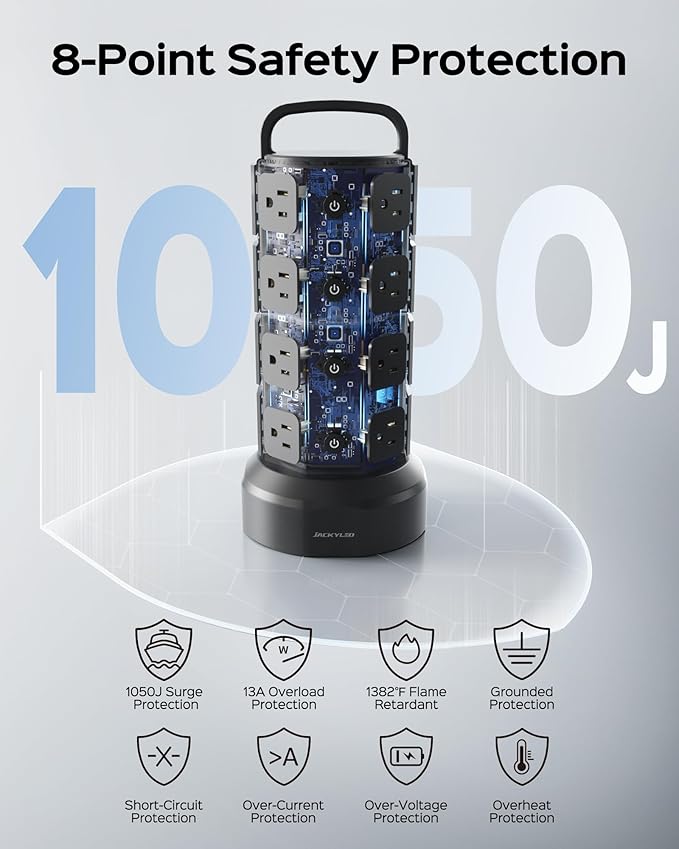 Power Strip Tower Surge Protector, JACKYLED 16 Outlets 6 USB (2 USB C) Charging Station, Extension Cord with Multiple Outlets, 1050J 1625W/13A Outlet Extender 6.5ft Extension Cord for Home Office