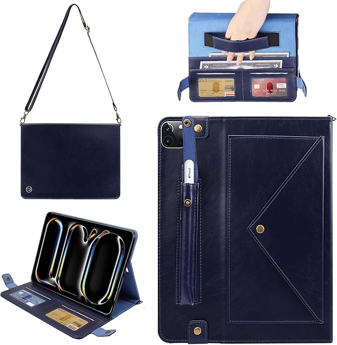 Handbag Case for iPad Pro 13-inch M5 2025/M4 2024, Techcircle Folio Stand PU Leather Crossbody Wallet Case with Pencil Holder, Hand Strap & Shoulder Strap, Navy