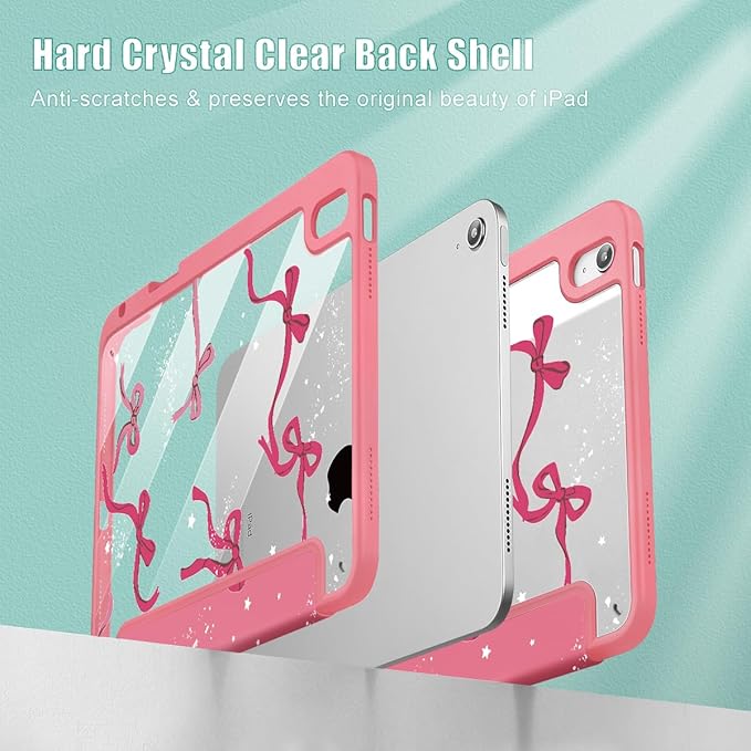 Tuiklol for iPad Pro 12.9 Inch 6th/5th/4th/3rd Generation 2022 2021 2020 2018 Case,Built-in Pencil Holder Clear Transparent Protective Back Shell Cover with Auto Sleep/Wake, Bow-Watermelon Red