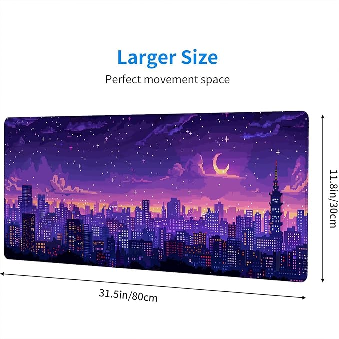Japanese Anime Gaming Mouse Pad Pixel City Skyline Neon Large Gaming Mouse Mat with Stitched Edges,Non-Slip Waterproof Rubber Base Mous Mat 31.5"x11.8" Office Computer Keyboard Laptop Home