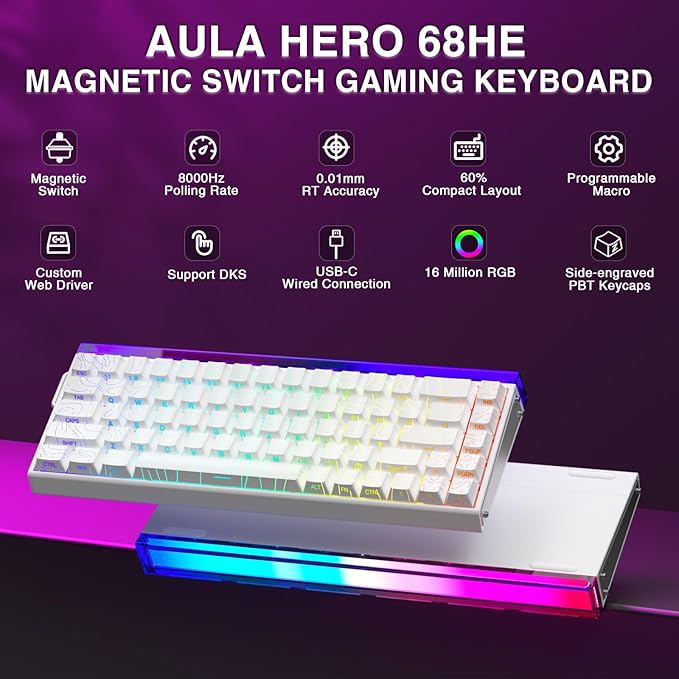 AULA Hero 68 HE 60% Gaming Keyboard Wired, Hall Effect Magnetic Switch Keyboard with 8K Hz Polling Rate, Side Printed PBT Keycaps, RGB Backlit Light Box, Customizable Web Software for PC/Mac Gamers