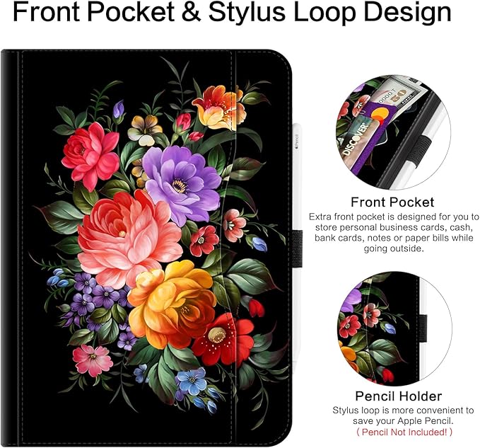 Lokigo Case for iPad Air 13" M4/M3/M2 (2026/2025/2024), iPad Pro 12.9" 6th/5th/4th/3rd Gen with Pencil Holder/Hand Strap/Pocket, Support Touch ID, Shockproof Soft Back Stand Cover, Black Flowers