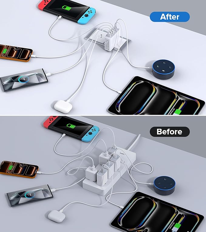USB C Wall Charger Block,100W GaN 6-Port Fast Charging QC+PD3.0 Dual USB C Power Brick,Portable Multiport Power Adapter Type C Charging Station Hub for iPhone 17/16/15/14/13 Pro Max,iPad,Samsung