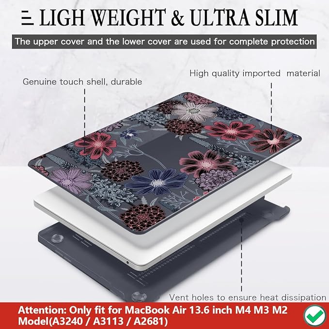 CISSOOK Compatible with MacBook Air 13.6 inch Case 2022 2023 2024 2025 2026 Model A2681 A3113 A3240 A3449, Plastic Hard Case with Keyboard Cover Screen Protector Type C Adapter, Texture Flowers