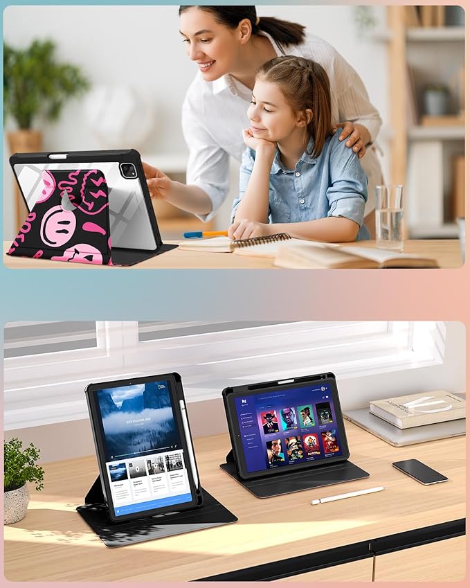 Uppuppy for iPad Air 11 inch Case, Air 5th/4th Generation 10.9, Pro 11'' Case Women Girls for Apple Pencil Holder Cute Smile Rotating Folio Cover for iPad Air 11 2024 (M2), 10.9 2022 2020, Pro 11