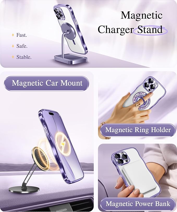 GVIEWIN for iPhone 16 Pro Max Case Compatible with MagSafe, Upgraded [Full Camera Protection][Cute Wave Frame][Military Grade Protection] Electroplated Soft Phone Cover for Women Girl, Clear/Purple