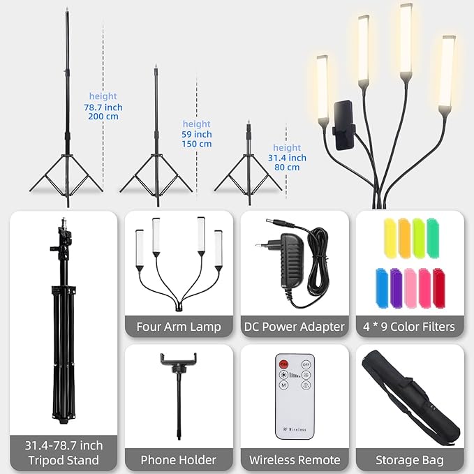 Esthetician Light Tattoo Lash Make up Light for Video Recording, Dimmable Four Arms LED Floor Lamp for Lash Techs, Estheticians & Tattoo Artists with Phone Holder & Travel Bag Kit