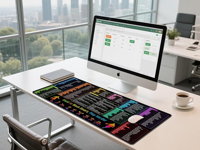 Excel Shortcuts Cheat Sheet Desk Pad Mat– 35.4x15.7 Inches Large Mouse Pad with Non-Slip Rubber Base, Quick Reference Guide for Office & Home