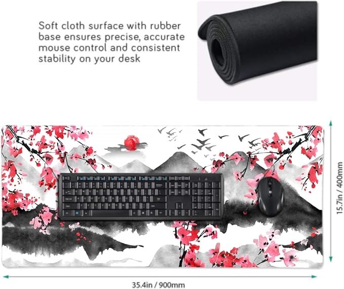 Japanese Cherry Blossom Mouse Pad 35.4 X 15.7 Inch XXL Full Desk Pink Watercolor Art Cool Design Gaming Mousepad Extended Large Non-Slip Rubber Base Keyboard Mat with Stitched Edges