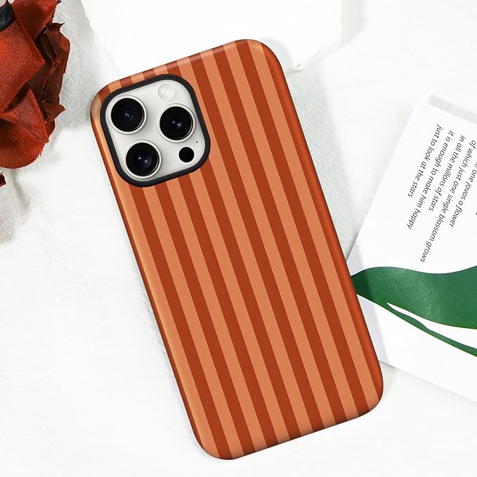 Magnetic for iPhone 16 Pro Case Cute Stripes Phone Case, Shockproof Slim TPU and Hard PC Protective Phone Cover Compatible with MagSafe Designed for Women Girls, Deep Brown