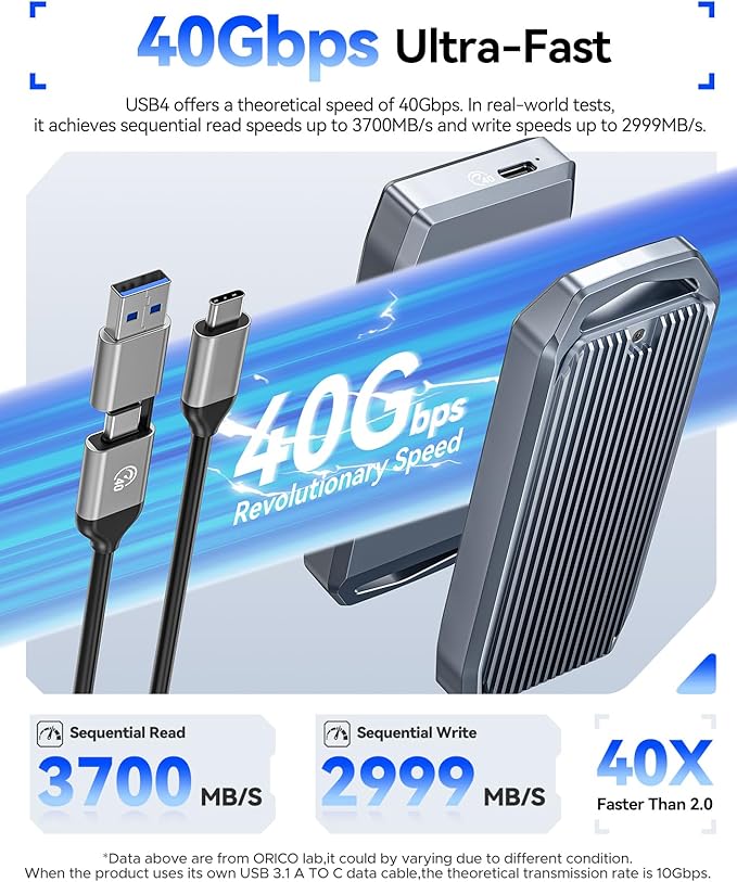 ORICO USB4 40Gbps M.2 SSD Enclosure, Supports Up to 8TB M.2 NVMe SSDs, Finned Aluminum Alloy Case, USB-C to USB-A&C 2-in-1 Cable, Plug and Play, Compatible with Thunderbolt 3/4, USB 3.2/3.1/3.0- M2V01